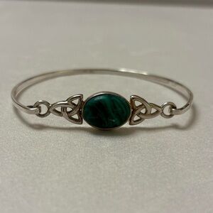 925 Sterling Silver Celtic Knot Faux Malachite Stone Skinny Cuff Bangle Bracelet